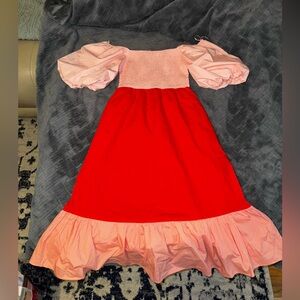 Moodie Pink & Red Colorblock Smocked Puff Sleeve Midi Dress - Size M